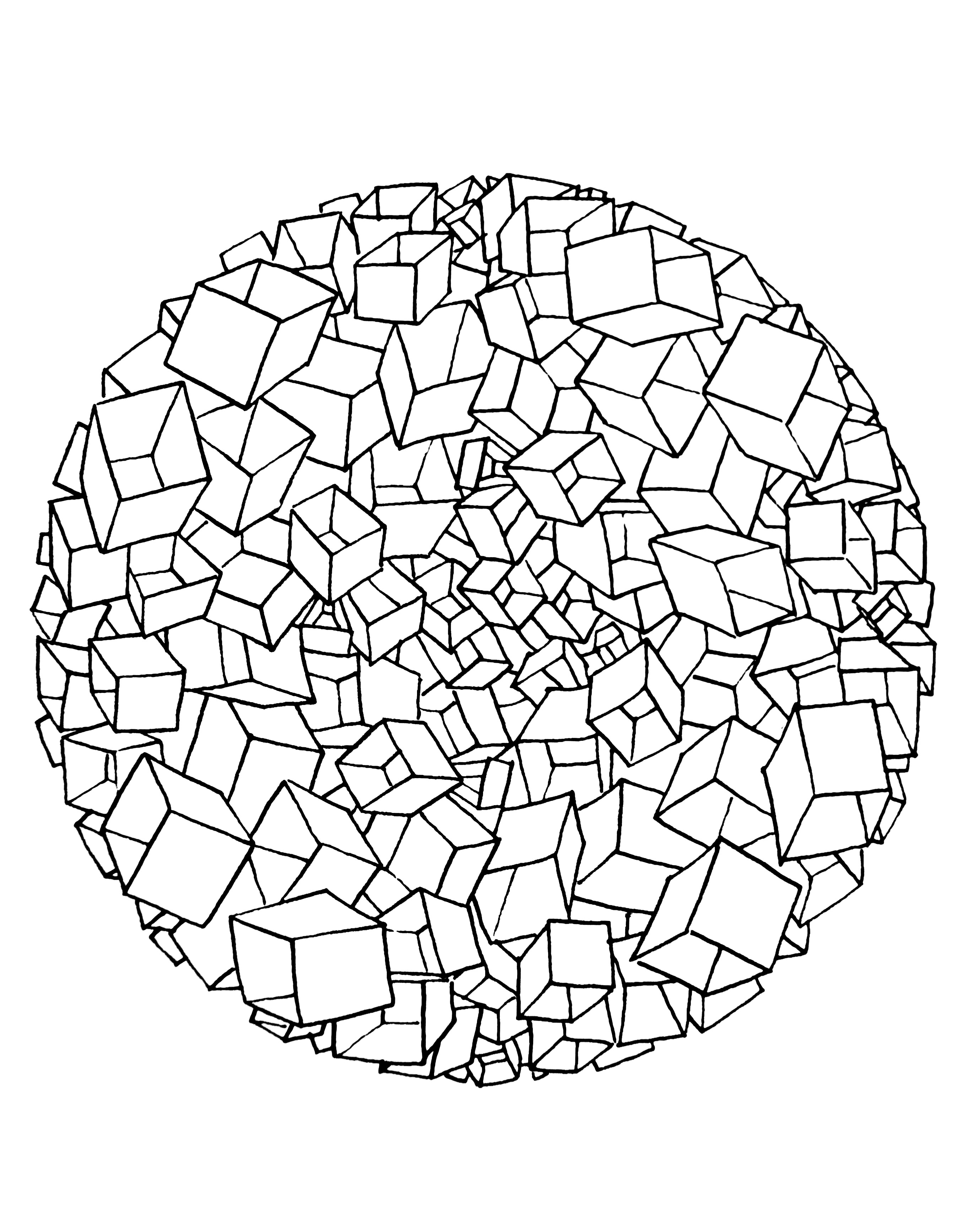 Mandala à colorier avec une succession de cubes répartis dans l'intégralité du dessin. Assez difficile.